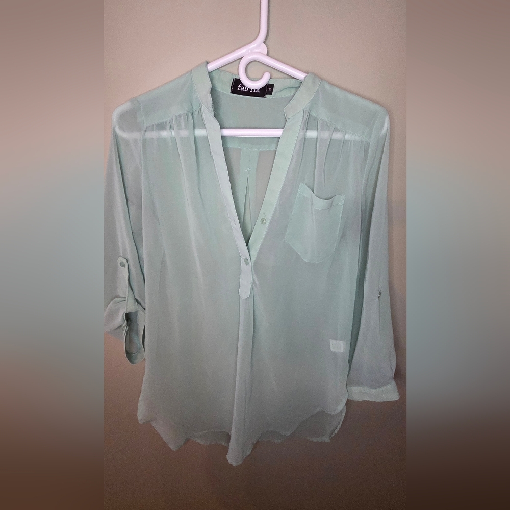 fab’rik Sheer Mint Roll-Tab Sleeve Blouse Size S